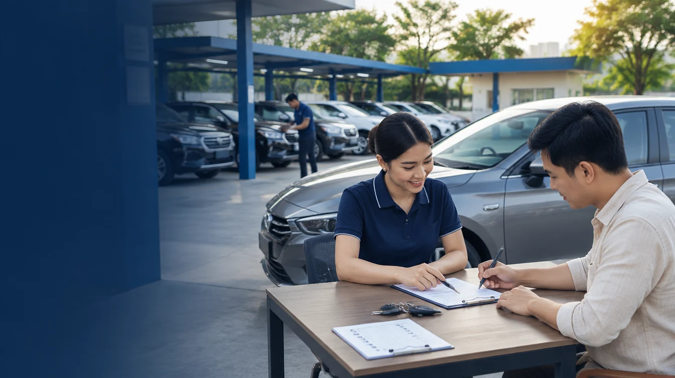 Hình minh họa AI: Chủ xe và khách ký hợp đồng, làm thủ tục giao xe tại bãi xe đang vận hành