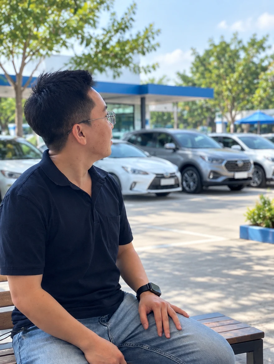 John Dang Binh, người sáng lập Appcar; hậu cảnh bãi xe được chỉnh sửa minh họa